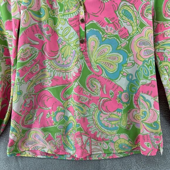 Lilly Pulitzer Top XS Silk Elsa Chin Chin Elephant Pink Ballon Sleeve V-Neck - Picture 4 of 16